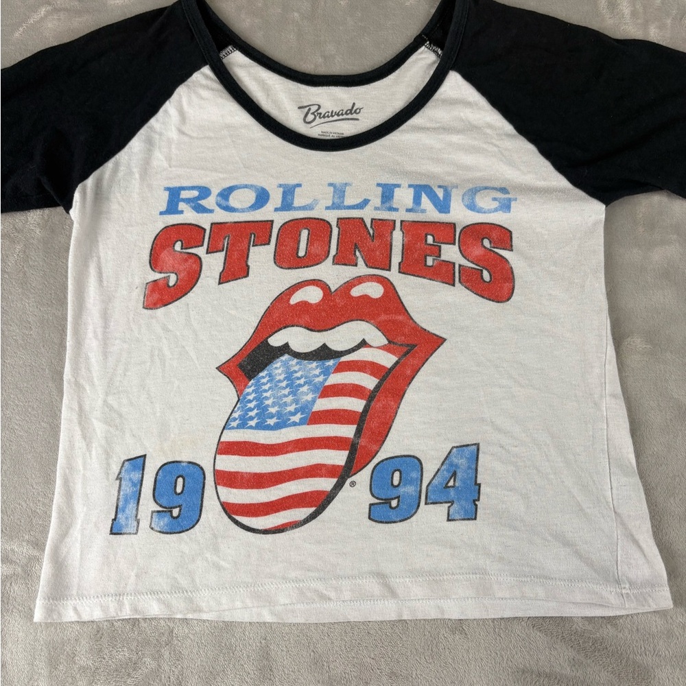 Rolling Stones 1994 USA Tongue Graphic Crop Tee Bravado Raglan Shirt Women's M